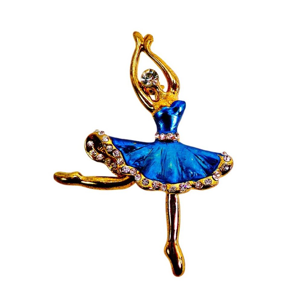 Ballet ballerina dancer girl brooch pin in a blue dress and with crystals